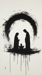 Silhouette of Joseph Mary and Baby Jesus Christ Christmas Manger Nativity Scene Black Ink Watercolor Isolated on White Canvas