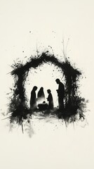 Silhouette of Joseph Mary and Baby Jesus Christ Christmas Manger Nativity Scene Black Ink Watercolor Isolated on White Canvas