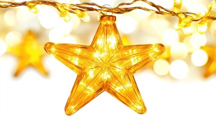 Wall Mural - Glowing golden star ornament hangs on a string of lights. Ideal for Christmas or holiday decorations adding a festive touch to any space.