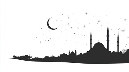 Wall Mural - Silhouette of a mosque and city skyline under a crescent moon and starry night. Ideal for Ramadan or Islamic-themed projects.