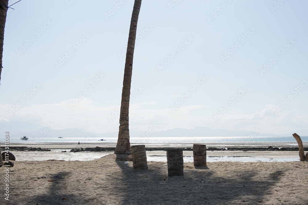 Rustic coconut tree stump seats on sandy beach with ocean view and blue sky