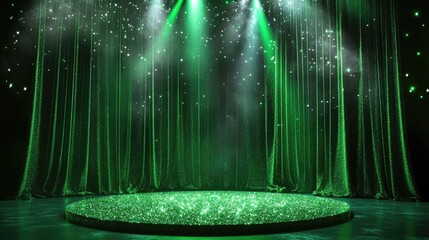 Poster - A dazzling green podium on stage under green lighting with silver glittering effects, highlighting the vibrant backdrop of a green curtain for a stunning presentation