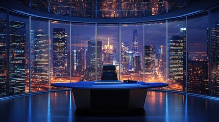 Poster - A modern news studio interior with a blue table, black chair, and the glittering city skyline at night through the large glass windows behind