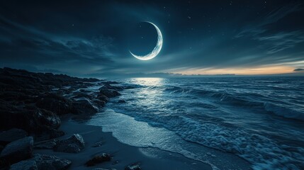 Poster - A serene crescent moon hangs over a tranquil ocean at twilight. The image evokes peace and tranquility. Ideal for sleep apps or meditation guides.