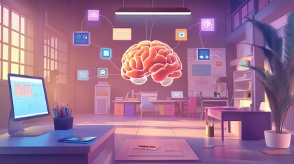 Wall Mural - A digital brain interconnected with floating VR icons of educational subjects, with ample space for copy.