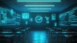 © pinporn manosri - A digital classroom powered by AI with floating VR symbols of education, ample space for copy.
