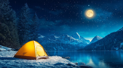 Wall Mural - lone yellow tent stands on edge of snow covered landscape, illuminated by bright moon. serene lake reflects starry sky and majestic mountains, creating peaceful atmosphere