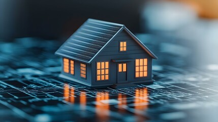 Miniature house model on digital blueprint background with glowing windows representing smart technology in modern architecture