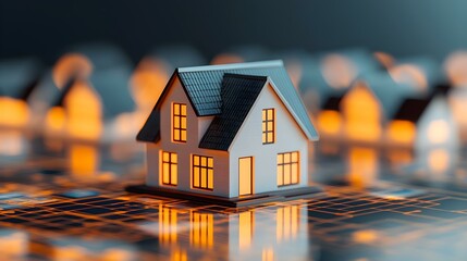 Miniature house model with glowing windows on a futuristic cityscape background highlighting modern architecture and urban development