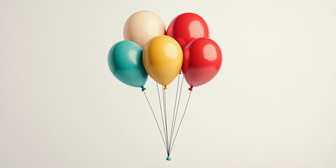 A group of five colorful balloons, red, yellow, teal, and cream,