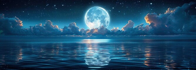 A full moon shines brightly over a calm ocean at night, with clouds reflecting the moon's light.