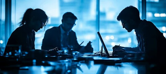 Poster - Night office meeting manager and silhouette of employee. Company teamwork job. Generative AI technology.	
