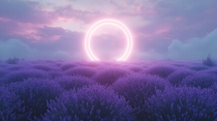 mystical and ethereal landscape with a field of vibrant purple lavender flowers under a glowing circ