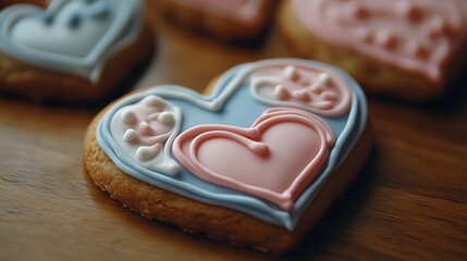 Wall Mural - Decorated heart-shaped cookies on wood.