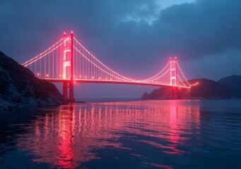 Wall Mural - Beautiful illuminated bridge at dusk reflecting in calm water