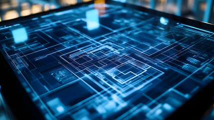 Wall Mural - A closeup of a BIM model on a large touchscreen tablet with detailed annotations and measurements displayed.