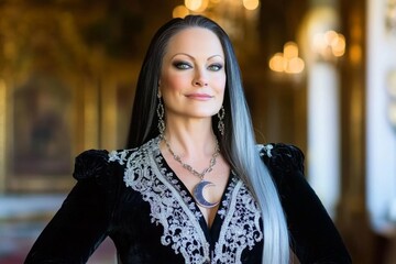 Elegant woman in dark attire poses confidently in a grand hall during a formal event