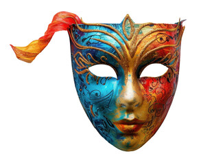 carnival mask with shades of blue, red, and gold, with patterns and glittery accents. themes of mystery, celebration, masquerade events