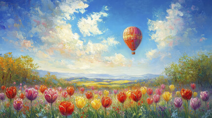 vibrant hot air balloon floats above colorful tulip field under bright sky