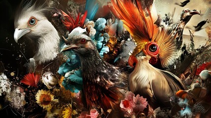 Wall Mural - Exotic Birds in a Surreal Garden: A Digital Masterpiece