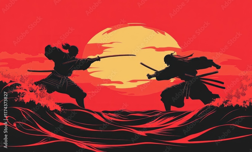 Fighting Red Color Two samurai fighting illustration sunset scene, with a flat ...