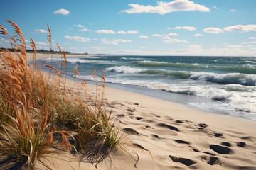 A stunning natural tableau is depicted, featuring meeting of sand dunes and ocean, dynamic coastal front, and peaceful merging of land and sea