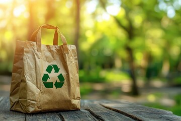 A brown paper bag with a green recycling symbol on it, sitting in an eco-friendly cafe outdoor. 