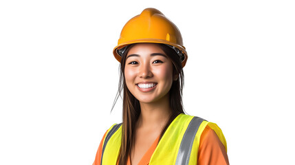 Sticker - professional asian female foreman with smiling face isolated on white background