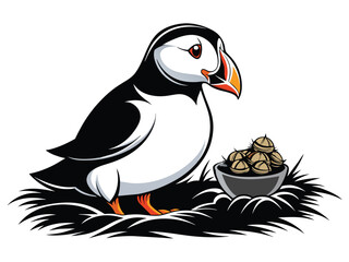 Wall Mural - puffin-making-nest-on-white-background black-and-white A.eps