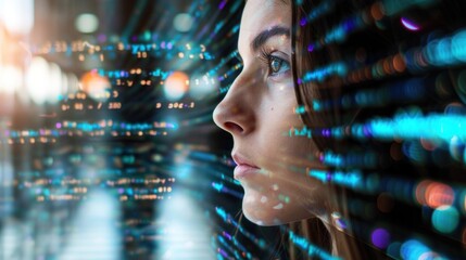 woman looking at graphic pattern with computer code in front of her