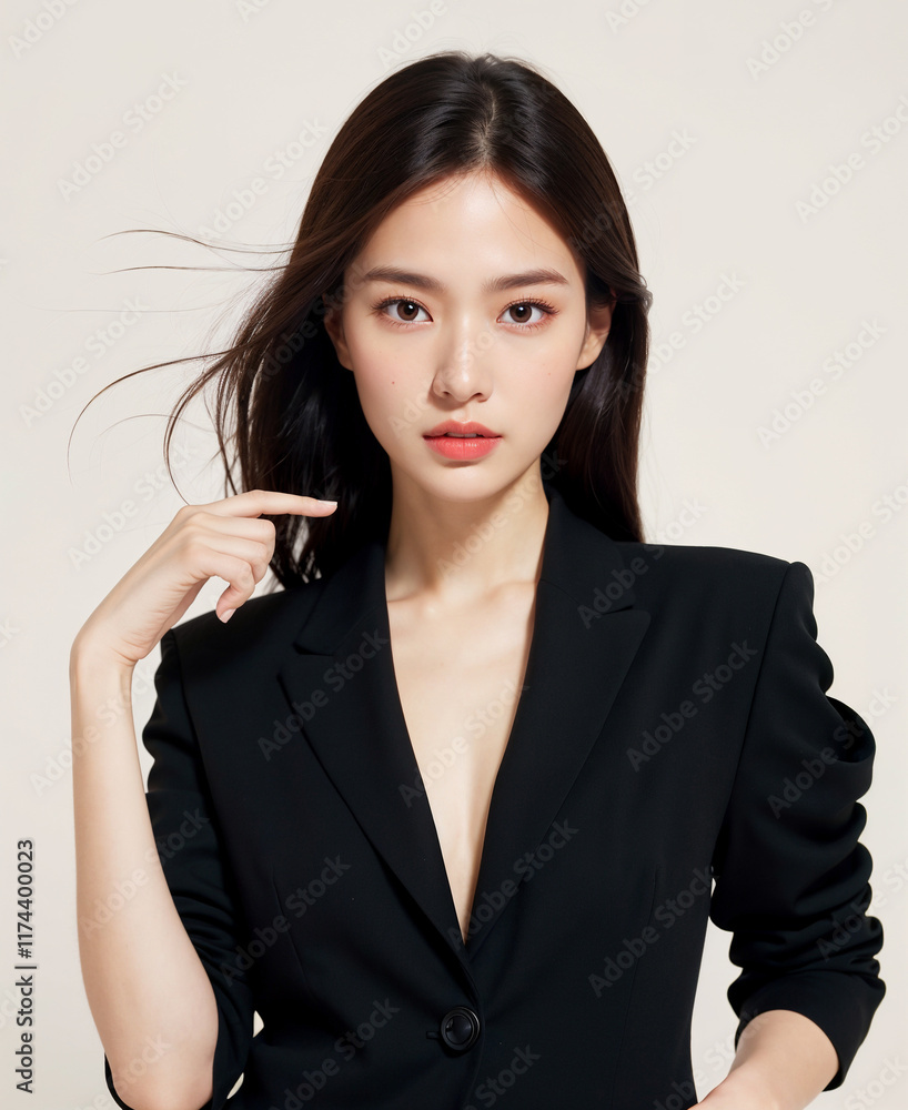 A woman in a black suit is posing for a photo Stock Photo | Adobe Stock