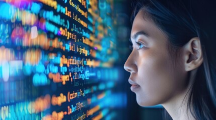 woman looking at graphic pattern with computer code in front of her
