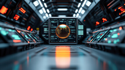 A computer monitor shows a glowing sphere on a screen