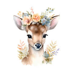 Wall Mural - Watercolor deer with floral crown vector illustration