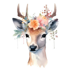 Wall Mural - Watercolor deer with floral crown vector illustration