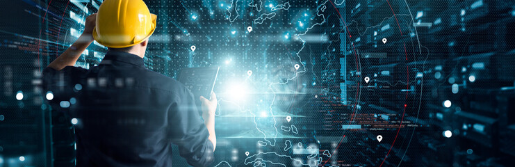 Poster - Chief Engineer connecting data center on global networking in mainframe of server room of storage systems and connect of data on internet network business. Data Center, innovation of futuristic.