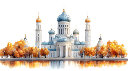 Majestic cathedral reflected in autumnal waters.