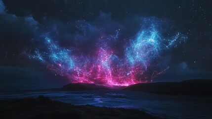 Wall Mural - Pulsating neon fractals morphing into celestial structures under a dark sky