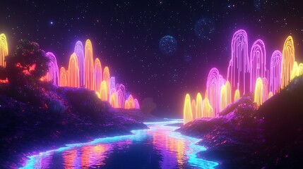 Wall Mural - Pulsating neon fractals morphing into celestial structures under a dark sky