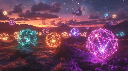 Wall Mural - Interconnected fractal shapes glowing with neon brilliance in a celestial field