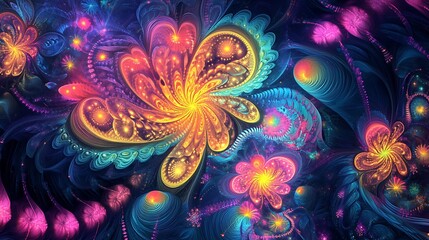 Wall Mural - Pulsating neon fractals converging into a radiant celestial point