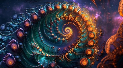 Wall Mural - Mesmerizing fractal spirals glowing with neon light in an interstellar setting