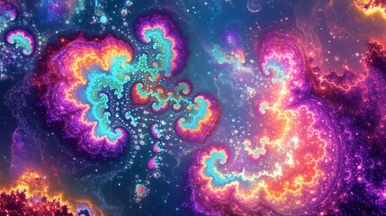 Wall Mural - Luminous neon fractals blending into an abstract galaxy-inspired background