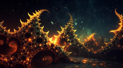 Wall Mural - Abstract fractal formations glowing with neon intensity in a starry environment