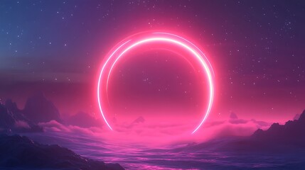 Wall Mural - Abstract fractal loops glowing with neon light against a star-filled horizon