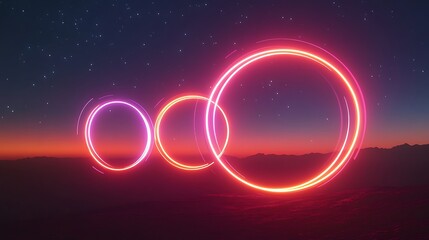 Wall Mural - Abstract fractal loops glowing with neon light against a star-filled horizon