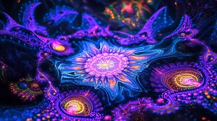 Wall Mural - Radiant fractal designs glowing with neon energy in an abstract universe