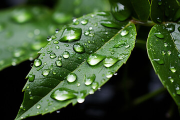 intricate interplay between moisture, light, and nature is embodied in delicate beauty of dew drops clinging to lush green leaves