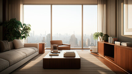 Wall Mural - A large living room with a couch, a coffee table, and a potted plant