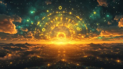 Wall Mural - Vibrant fractal shapes glowing with neon light under a celestial sky